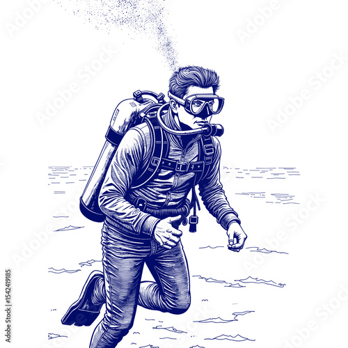 Man free diving with gear in blue ink vintage sketch on white background  