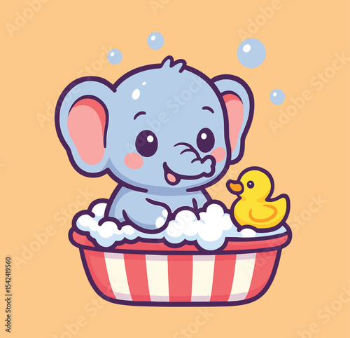 Cute elephant taking a bath with duck cartoon vector icon illustration animal hygiene icon isolated flat