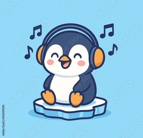 Cute penguin listening to music with headphones cartoon vector icon illustration animal fun leisure icon isolated flat