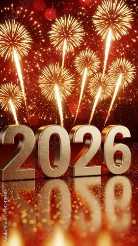 Vibrant fireworks illuminate the dark sky, surrounding the prominent golden Happy New Year text, evoking feelings of joy and anticipation, perfect for celebrating the arrival of a new year
