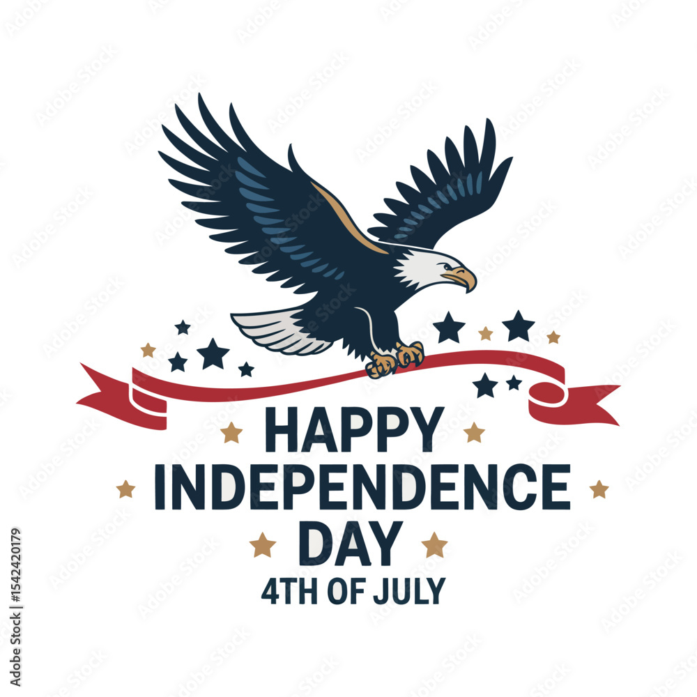 Obraz premium american bald eagle flying with patriotic ribbon and stars, celebrating 4th of july independence day with usa flag colors