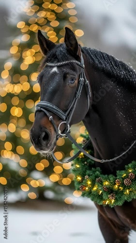 A stunning black horse, decorated wit vibrant green wreath and sparkling lights, poses elegantly in a winter wonderland, with beautiful Christmas tree in background. holiday cheer
