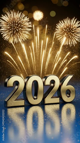 Vibrant fireworks illuminate the dark sky, surrounding the prominent golden Happy New Year text, evoking feelings of joy and anticipation, perfect for celebrating the arrival of a new year