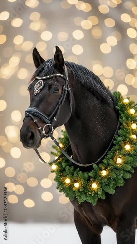 A stunning black horse, decorated wit vibrant green wreath and sparkling lights, poses elegantly in a winter wonderland, with beautiful Christmas tree in background. holiday cheer