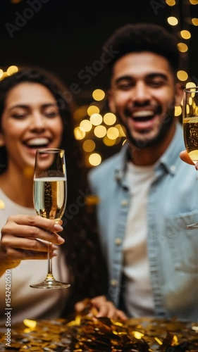 Happy couple toasting with champagne glasses, surrounded by golden confetti and soft glowing lights, embodying the festive spirit of New Years Eve celebrations and the warmth of shared moments