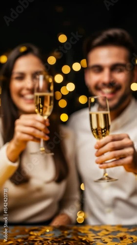 Happy couple toasting with champagne glasses, surrounded by golden confetti and soft glowing lights, embodying the festive spirit of New Years Eve celebrations and the warmth of shared moments