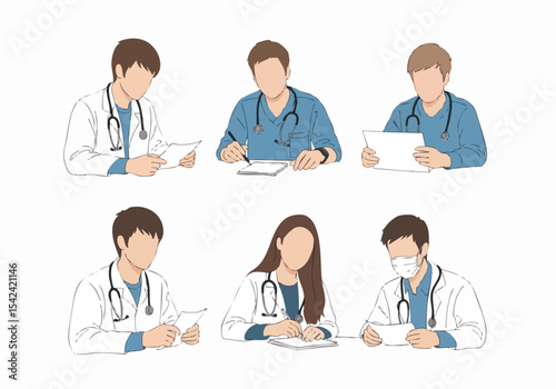 Flat Style Medical Doctor Characters Various Poses and Activities Illustration