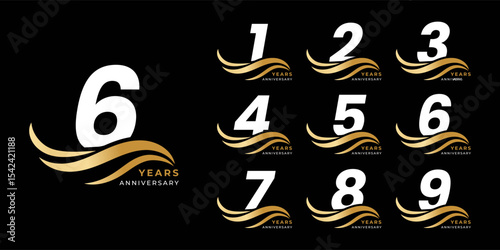 Set of modern vector logo designs for 1 years to 9 years anniversary with waves, in gold color for celebrations, weddings and birthdays