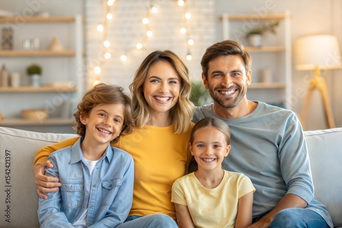 Happy Family Relaxing on Sofa at Home 