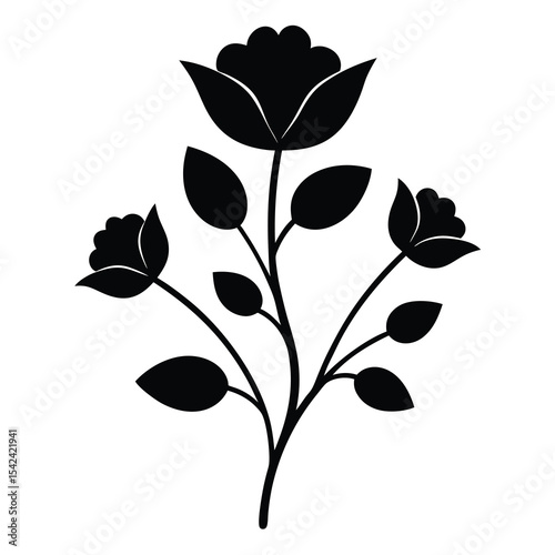 Elegant Black Silhouette of Blooming Flowers Botanical Illustration