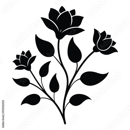 Elegant Black Silhouette of Roses and Leaves Floral Illustration