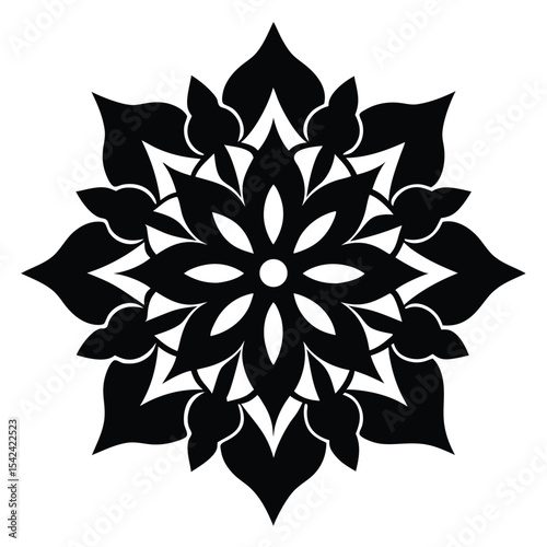 Elegant Black and White Floral Mandala Design, Intricate Symmetrical Pattern