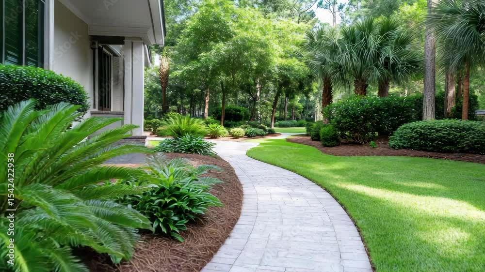 Lush garden pathway surrounded by vibrant greenery and manicured lawns for serene outdoor Lush garden pathway surrounded by vibrant greenery and manicured lawns for serene outdoor