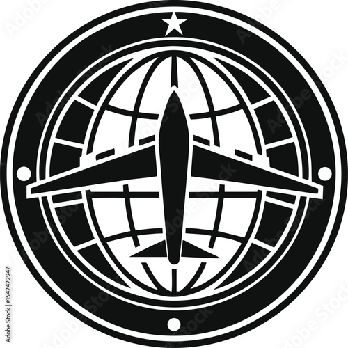Black and White Aerospace Logo with Globe and Star