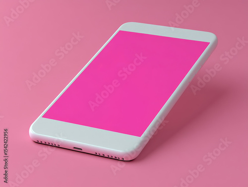 Stylish minimalist image featuring a white-framed smartphone with bright pink screen on matching surface, mockup