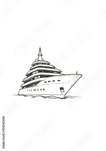 Hand-drawn Illustration of a Modern Luxury Yacht with Multiple Decks on Ocean Water in Black and White Sketch Style