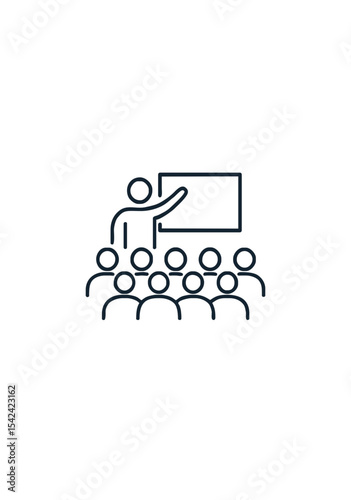 Minimal Line Icon of Instructor Giving Presentation to Group Audience with Whiteboard in Business Training or Educational Seminar