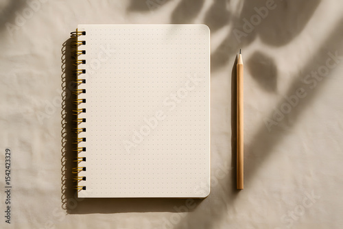A dotted spiral notebook with a wooden pencil placed on beige fabric, styled with natural shadows and neutral tones..