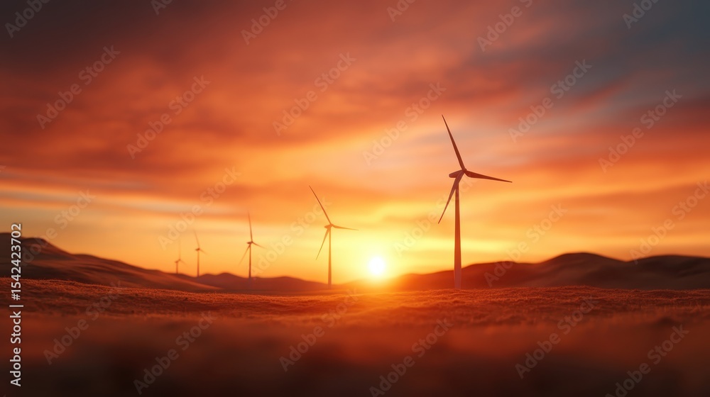 Obraz premium Striking wind turbines dominating a serene landscape, bathed in the warm hues of an enchanting sunset, exemplifying the beauty of renewable energy against nature's backdrop.