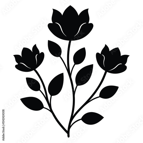 Elegant Black Silhouette of Three Flowers and Leaves
