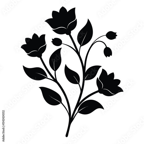 Elegant Black Silhouette of Blooming Flowers and Leaves