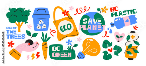 Cartoon eco stickers in retro groovy style. Ecology, organic products, natural product, vegan, bio, environmental protection. Vector set elements	