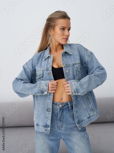 Fashionable individual wearing oversized denim jacket and jeans with a black top, posing confidently. Long hair styled down, neutral expression. Minimalist setting enhances outfit focus