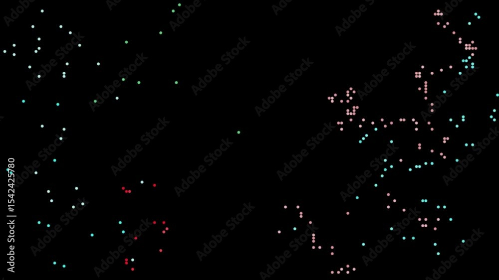 Vibrant blinking dots and circles animation with colorful overlapping flickering particles in impressive tones on dark background