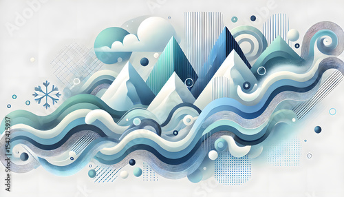 Stylized winter scene combining snowy mountains, clouds, and abstract waves in cool blue tones with a modern graphic design..