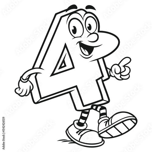 Cartoon number four character joyfully strolls, pointing his finger with playful animation in outline