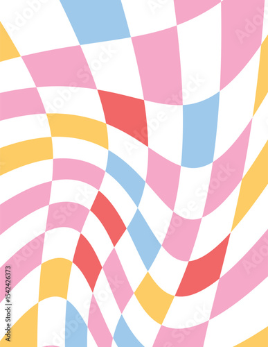 Distorted checkered grid, colorful warped squares, trendy geometric wallpaper, fun and energetic background