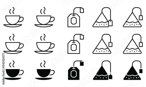 Tea cup and tea bag icons set