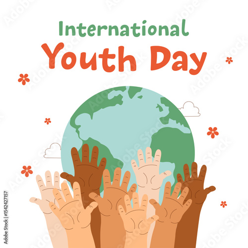 Colorful hands of diverse youth raised up around the globe celebrating International Youth Day. Unity, diversity, equality and hope for the future.