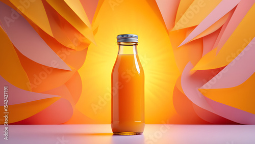 Orange juice bottle stands against a colorful paper background
