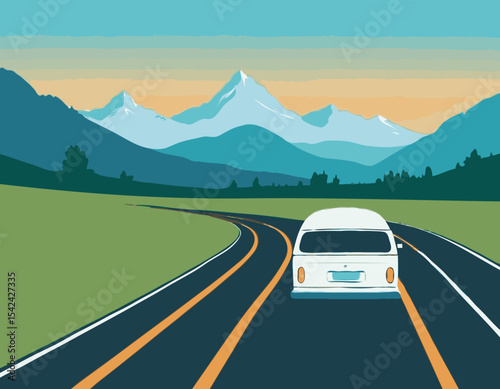 Vector flat summer landscape illustration, wild nature view: sky, mountains, meadow, minivan rides on the road. For car travel banner, road trip card