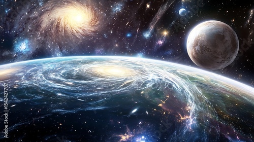 A galaxy-themed wallpaper with stars, planets, and nebulae