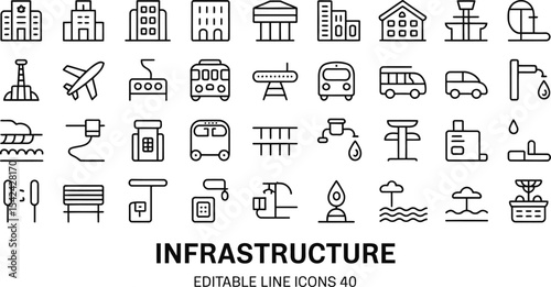 Forty editable line icons of infrastructure