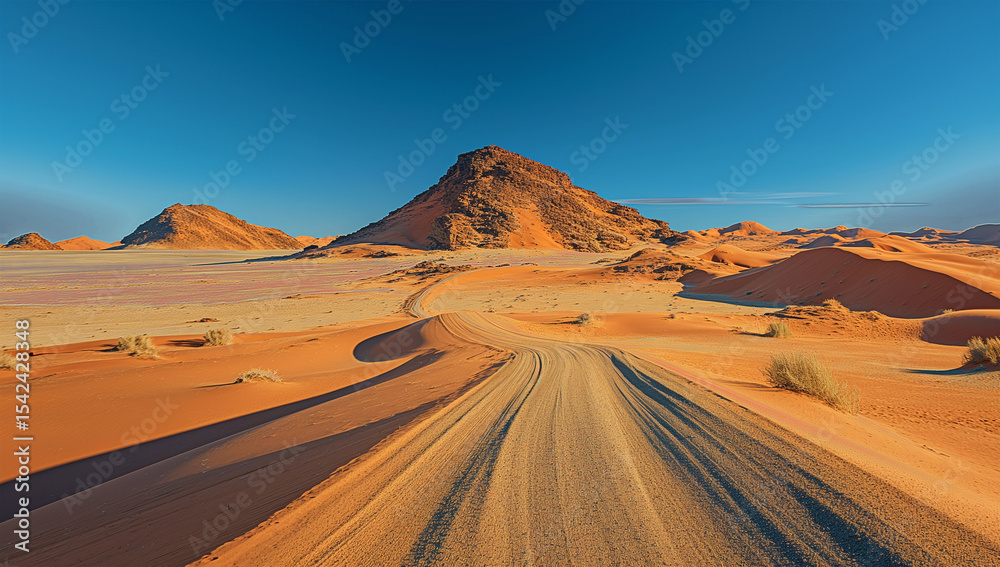 Fototapeta premium Stunning Desert Landscape with Winding Road and Mountain under Blue Sky