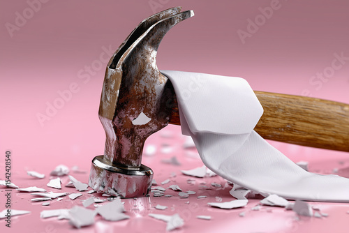 Floating tie and hammer create playful chaos in pastel backdrop