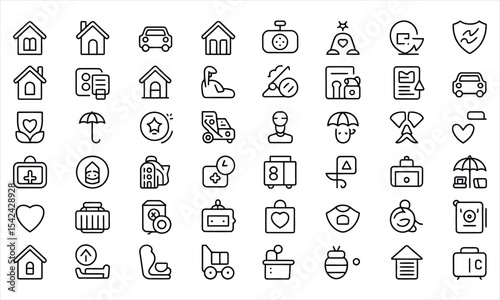 Collection of black line icons for travel insurance