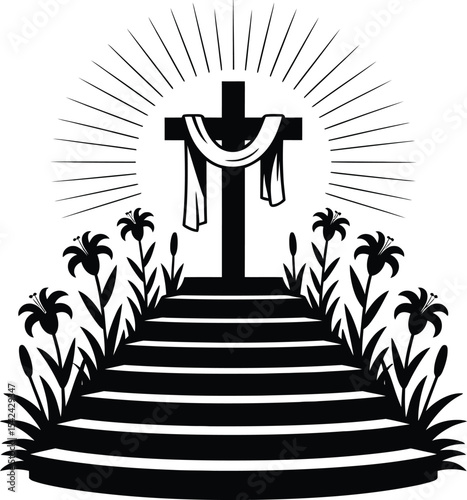 Christian Religion Line Icons – Cross, Bible, Church, Prayer Vector Set,  Good Friday Cross Silhouette with Sunburst and Draped Cloth Vector Illustration 