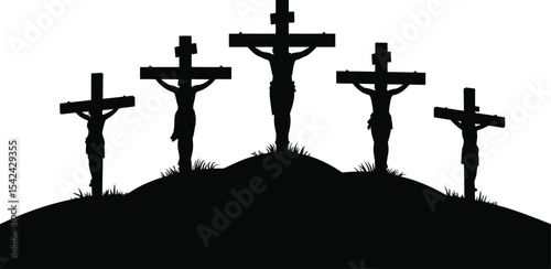 Christian Religion Line Icons – Cross, Bible, Church, Prayer Vector Set,  Good Friday Cross Silhouette with Sunburst and Draped Cloth Vector Illustration 
