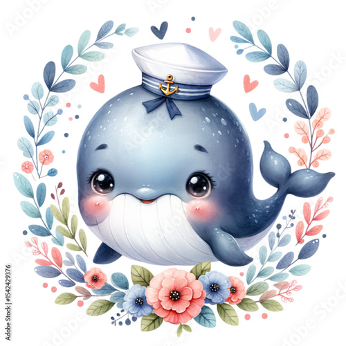 Nautical Whale: A charming, adorable whale, adorned in a nautical hat, smiles gently. The sea creature is encircled by an exquisite floral wreath, hinting at a world of marine wonders.