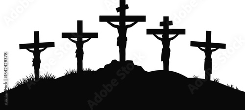 Christian Religion Line Icons – Cross, Bible, Church, Prayer Vector Set,  Good Friday Cross Silhouette with Sunburst and Draped Cloth Vector Illustration 