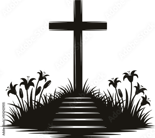 Christian Religion Line Icons – Cross, Bible, Church, Prayer Vector Set,  Good Friday Cross Silhouette with Sunburst and Draped Cloth Vector Illustration 