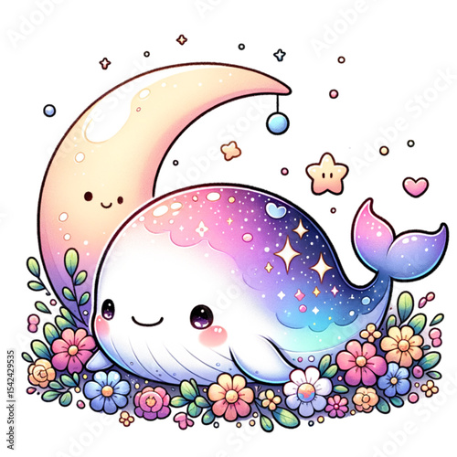 Cute Whale Under the Moon: An adorable cartoon whale with a cosmic design rests peacefully amidst vibrant flowers under a cheerful crescent moon.