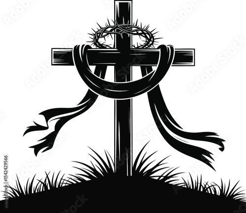 Christian Religion Line Icons – Cross, Bible, Church, Prayer Vector Set,  Good Friday Cross Silhouette with Sunburst and Draped Cloth Vector Illustration 