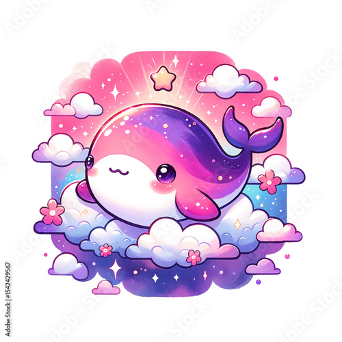 Cute Whale in Galaxy Clouds: A charming illustration of a kawaii whale, boasting a pink and purple cosmic design, serenely floats among fluffy clouds.