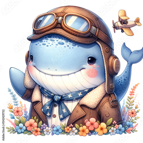 Whale Pilot's Adventure: An adorable cartoon whale pilot is ready for an exciting flight, donning a vintage aviator helmet and jacket, a tiny biplane hovers nearby and a vibrant array of flowers