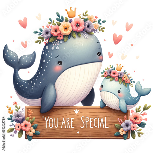 Whale Royalty and Affirmation: A charming illustration features two adorable whales wearing floral crowns, accompanied by a wooden sign proclaiming "You are special".